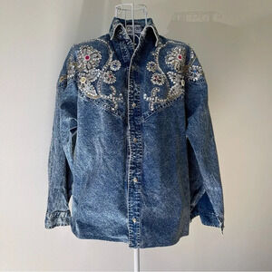 Vintage chill out 80s Acid Washed Embroidered embellished Denim shacket M/L